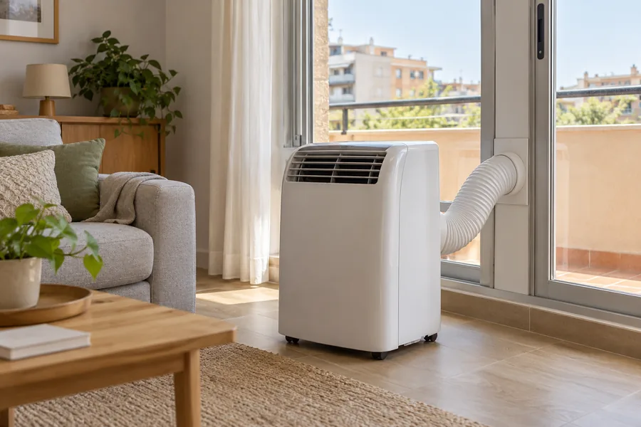 Aire acondicionado portátil con el tubo conectado a un adaptador de ventana