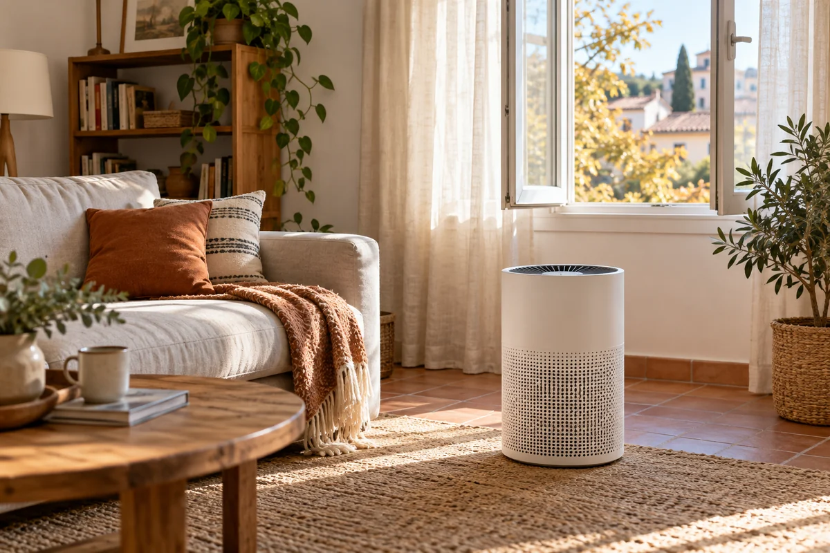 Purificador de aire junto al sofá de un salón con la ventana abierta